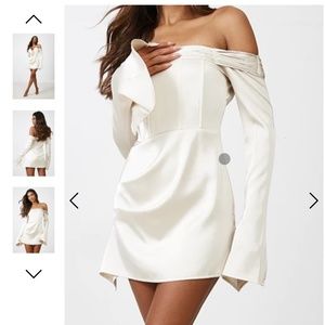 PLT Champagne Satin Pleat Detail Bardot Flared Sleeve Shift Dress